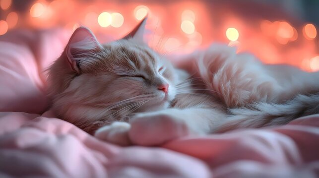 A cat is sleeping on a pink bed - Powered by Adobe