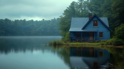 A blue house sits on a lake with a view of the water