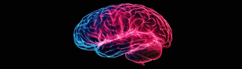 A vibrant, stylized illustration of a brain glowing in blue and pink against a dark background, symbolizing intelligence and creativity.
