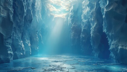 A large, empty, and dark blue cave with a small light shining through