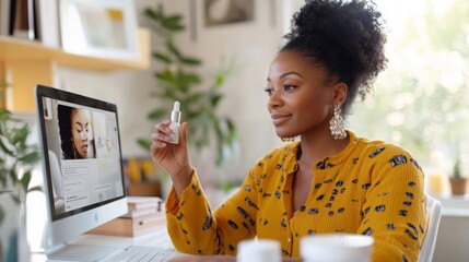 A woman participates in an online consultation to discuss skincare solutions. She holds a skincare product while looking at a professional on her computer, seeking tailored beauty recommendations.