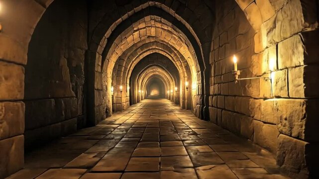 A long, dark, and mysterious stone hallway with lit candles on the walls, leading to an unknown destination.