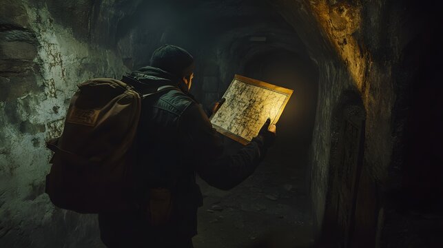 An agent navigating a maze of underground catacombs with a flashlight and a tactical map.