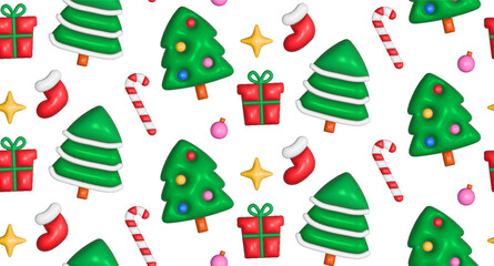 Christmas seamless pattern with inflated 3D toys in y2k style. Christmas tree, candies, sparkles and gifts with reflective plastic texture.