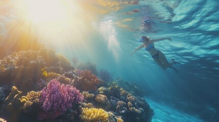 Obraz premium A diver gracefully swims through crystal clear waters, showcasing a colorful array of coral reefs illuminated by sunlight above. Generative AI