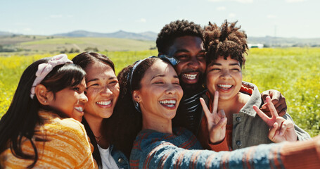 Peace sign, selfie and social media with friends in field together for outdoor holiday, travel or vacation. Emoji, hand gesture and smile with group of happy people in nature for profile picture
