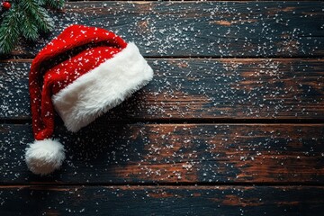 Cozy white house adorned with a Santa hat on a dark wooden holiday backdrop.