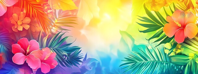A vibrant and colorful background with tropical flowers, palm leaves, and rainbow colors for summer-themed