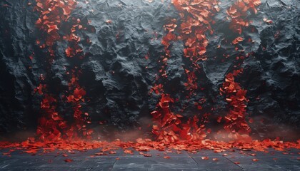 A wall covered in red leaves and rocks