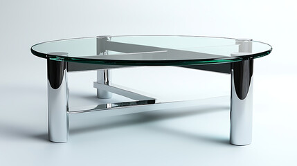 A glass coffee table with a silver frame
