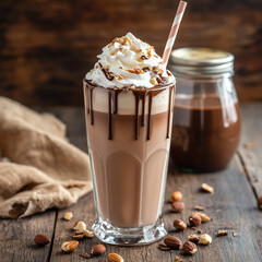 a Nutella milkshake served in a tall glass, topped with whipped cream, drizzled Nutella, and crushed hazelnuts, a straw sticking out, on a rustic wooden table with a jar of Nutella in the background 