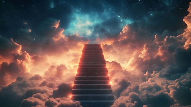 A celestial staircase of luminous clouds leading into the heavens.