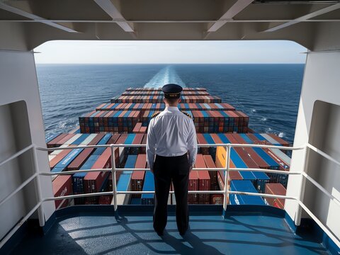 Captain overseeing cargo containers from ship's deck, ocean horizon in background.