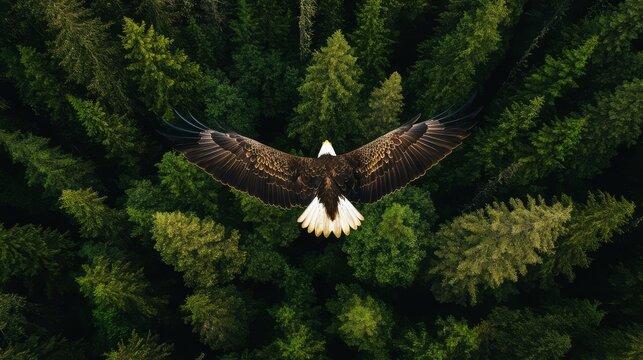 Majestic bald eagle in flight over lush evergreen forest.