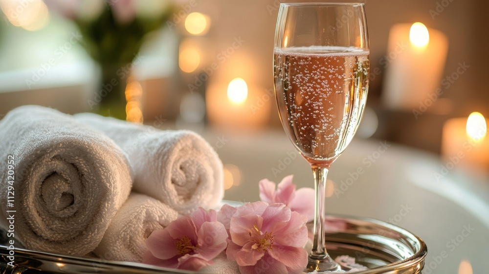 Poster a tranquil bath environment features soft towels and delicate flowers arranged on a tray. a sparklin