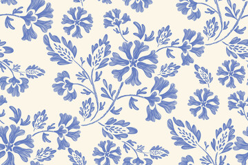 Vintage floral ethnic tapestry modern embroidery texture boho design vector illustration hand drawn silhouette indigo blue flower motif branches leaves wallpaper seamless background border.	