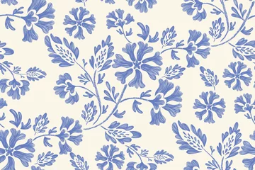 Vintage floral ethnic tapestry modern embroidery texture boho design vector illustration hand drawn silhouette indigo blue flower motif branches leaves wallpaper seamless background border. 
