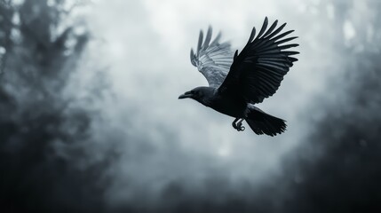 Fototapeta premium Majestic crow in flight, dark forest backdrop.