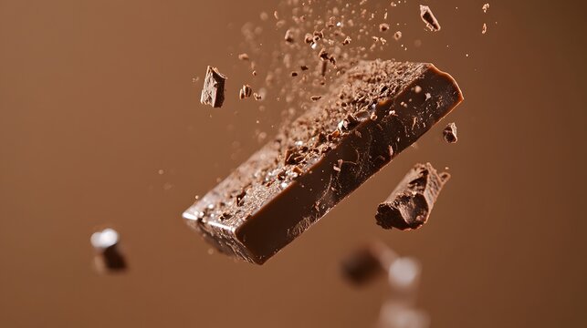 A chocolate bar breaking mid-air on a warm brown background.