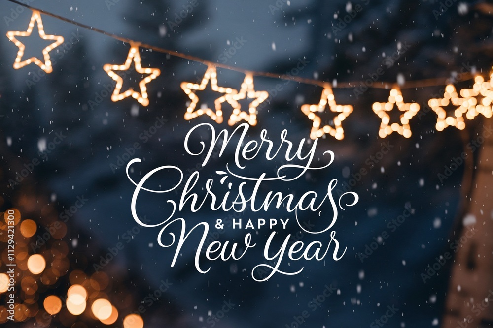 Fototapete stylish white merry christmas and a happy new year text on a warm background with soft glowing star 
