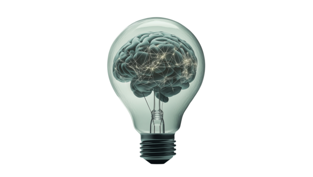 Futuristic Filament Bulb with Transparent Glass Shell, Brain Core, and Neural Network Connections.