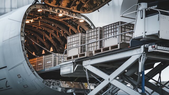 Cargo plane loading operations with containers on a conveyor belt at the airport.
