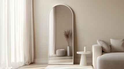 Full-length arched mirror in minimalist living room.