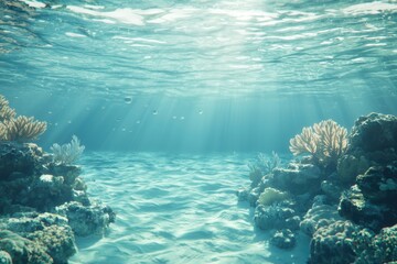 Fototapeta premium A serene underwater scene with sunlight streaming through clear water, illuminating coral reefs and sandy sea floor.