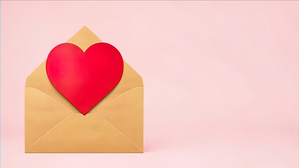 Kraft paper envelope with red paper cutout heart sticking out, Valentine's Day greeting card, romantic design