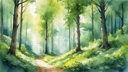 Fototapeta premium Watercolor forest pathway, fresh mood, depicting lush trees and sunlight filtering through leaves.