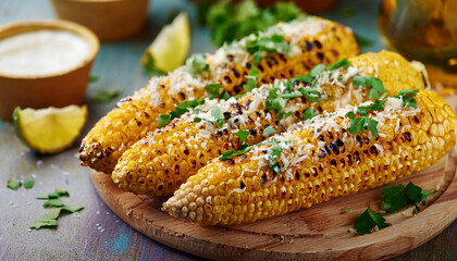 Tasty grilled corn on wooden board. Elotes, Mexican street food. Delicious dish. Cooking concept