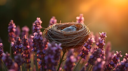 "Tranquil Beauty: Bird's Nest Amidst Lavender Fields at Sunset's Embrace"