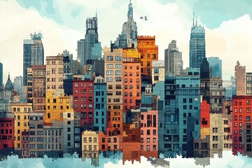 Fototapeta premium Vibrant Cityscape: A captivating watercolor illustration of a bustling city skyline, showcasing a vibrant array of colorful buildings under a soft, cloudy sky. 