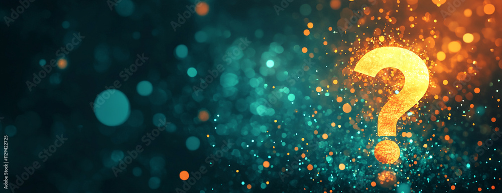 Poster creative question mark illuminated by vibrant particles in a dark space