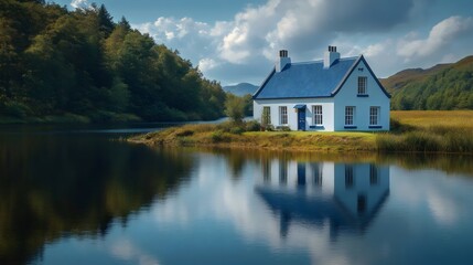 Fototapeta premium A small blue house sits on a small island in a lake