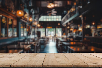 Obraz premium Empty wood table with blur interior outdoor space coffee restaurant or cafe for background