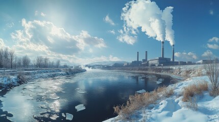 A large factory with smoking chimneys situated by a frozen river.