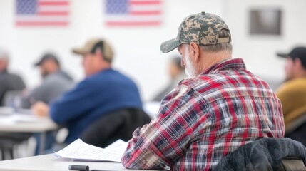 A group of military veterans in casual attire participating in a training or educational session in a classroom setting.