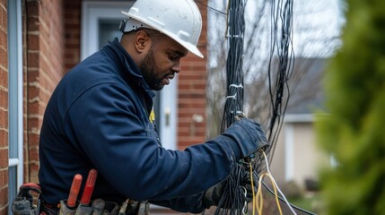 A skilled electrician carefully repairing or setting up electrical wires outside a residential property.