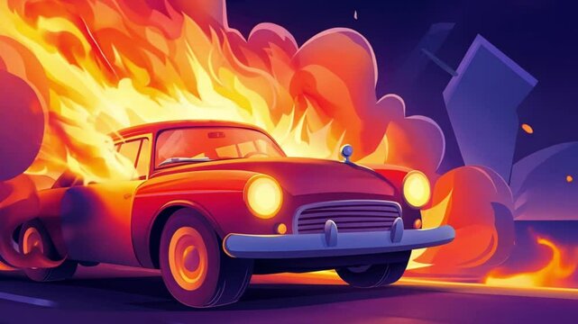 A vintage car engulfed in flames, speeding through the night.