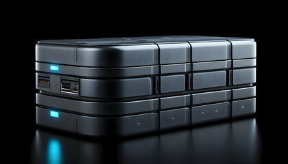 Obraz premium Futuristic metallic power bank with USB ports, isolated on black background.