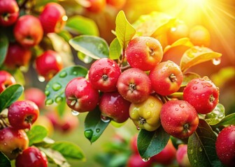 Obraz premium Enchanted rose apple orchard: miniature tilt-shift photography reveals vibrant blooms, dew-kissed fruit, and exotic beauty.