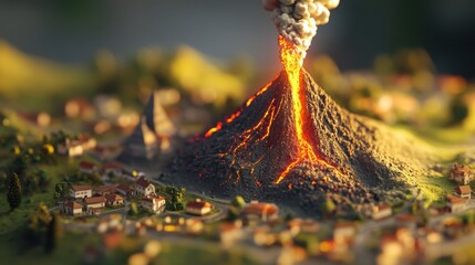 A miniature volcano erupts dramatically, sending glowing lava and smoke into the air above a small model village surrounded by detailed landscapes. Generative AI