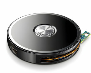 Portable black hard drive with USB ports and circuit board.