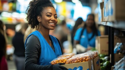 A cheerful supermarket worker handing a box of fresh products in a supermarket.