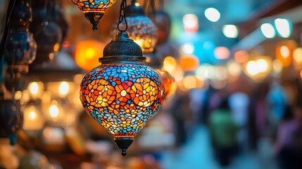 A colorful marketplace with hanging lanterns and bustling activity in the evening.
