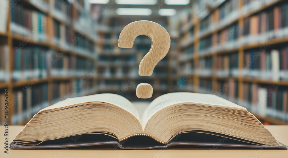 Poster Open book with question mark above it in a library setting during daytime