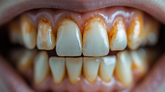 Macro close up of human teeth with yellow stains and tartar buildup, illustrating poor dental hygiene and oral health issues.