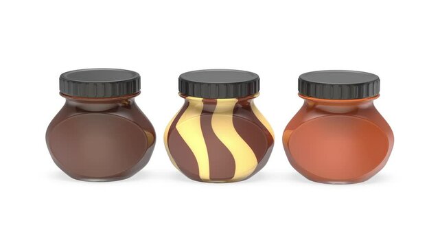 Three glass jars with different hazelnut cocoa spreads on white background