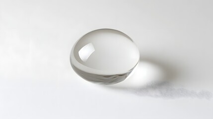 A crystal-clear droplet of water suspended in the air over a white backdrop.